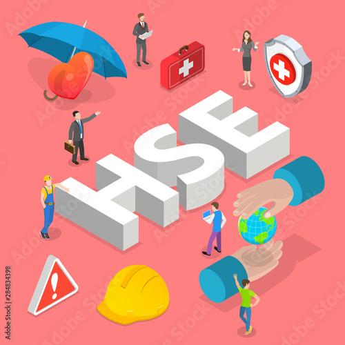 Isometric flat vector concept of HSE, practical aspects of environmental protection and safety at work, health safety environment.
