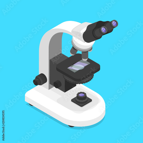 Isometric flat vector concept of a microscope isolated on a blue background.
