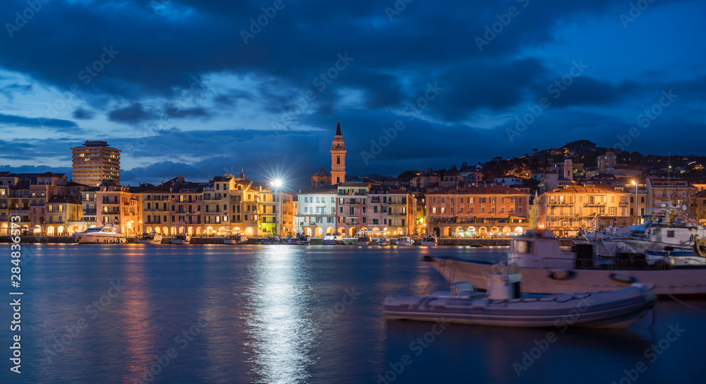 Ancient harbour of Imperia Oneglia by night, Italy
