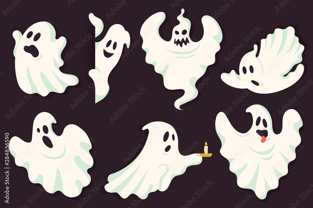 Funny ghost character collection in different poses. White flying spooky halloween ghost silhouette isolated on dark background. Scary ghostly monster. Traditional festive element for your design. Funny ghost character collection in different poses. White flying spooky halloween ghost silhouette isolated on dark background. Scary ghostly monster. Traditional festive element for your design.