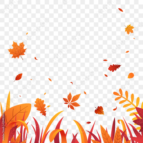 Autumn grass border with falling leaves vector background. Red orange autumn plants. Fall decoration for your design. Flat style.