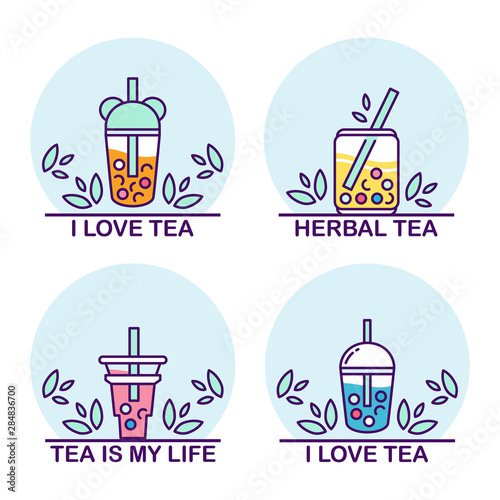 Vector set of boba tea icons with typography incription. Signs, symbols of drinks in tea glasses with bubbles and tea-leaves. Icons of portable cups, elements for tea-houses, coffee houses, restaurant