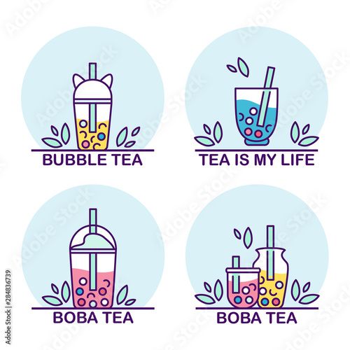 Vector set of boba tea icons with typography incription. Signs, symbols of drinks in tea glasses with bubbles and tea-leaves. Icons of portable cups, elements for tea-houses, coffee houses, restaurant