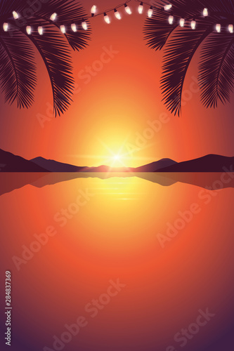 romantic sunset at sea with palm tree and fairy light vector illustration EPS10