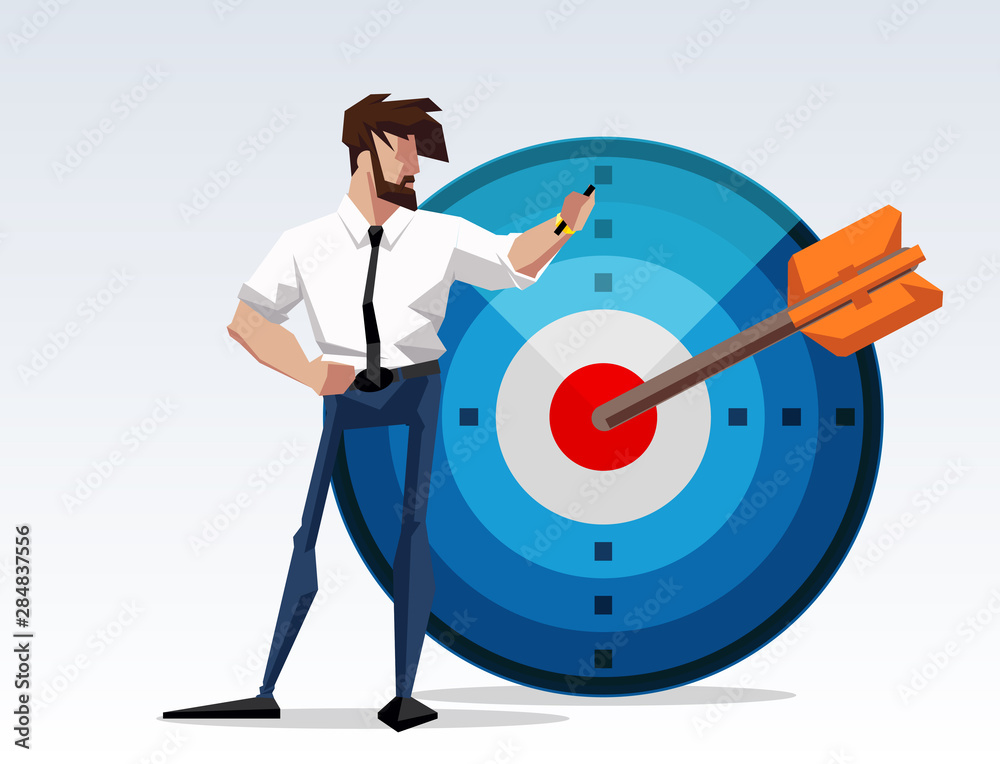 flat design picture illustration with character businessman standing with a big target and arrow. Flat design banner isolated on white background mission accomplished exactly. drawing company director flat design picture illustration with character businessman standing with a big target and arrow. Flat design banner isolated on white background mission accomplished exactly. drawing company director
