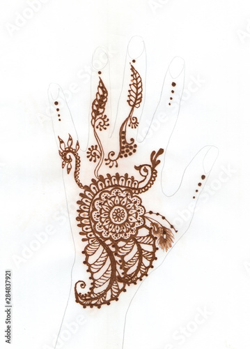 Hand drawn hand with mehndi. Tribal ethnic floral doodle pattern with bird with henna. Zendala, design for relax and meditation for adults, illustration, isolated on white background.