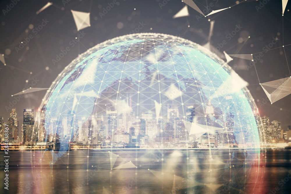 Obraz premium Double exposure of business theme hologram drawing and city veiw background. Concept of success.