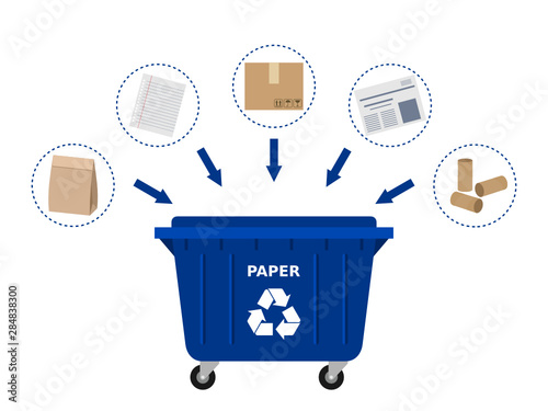 Blue trash dumpster and paper waste suitable for recycling. Paper recycle, segregate waste, sorting garbage, eco friendly, concept. White background. Vector illustration, flat style, clip art.
