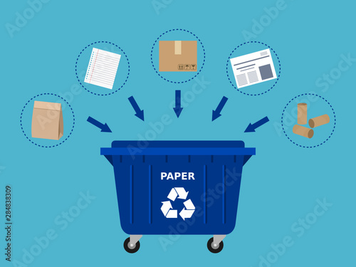 Blue trash dumpster and paper waste suitable for recycling. Paper recycle, segregate waste, sorting garbage, eco friendly, concept. Blue background. Vector illustration, flat style, clip art.