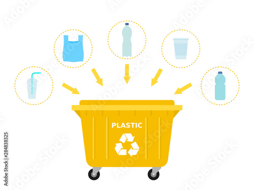 Yellow trash dumpster and plastic waste suitable for recycling. Plastic recycle, segregate waste, sorting garbage, eco friendly, concept. White background. Vector illustration, flat style, clip art.