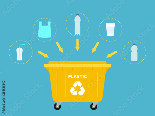 Yellow trash dumpster and plastic waste suitable for recycling. Plastic recycle, segregate waste, sorting garbage, eco friendly, concept. Blue background. Vector illustration, flat style, clip art.