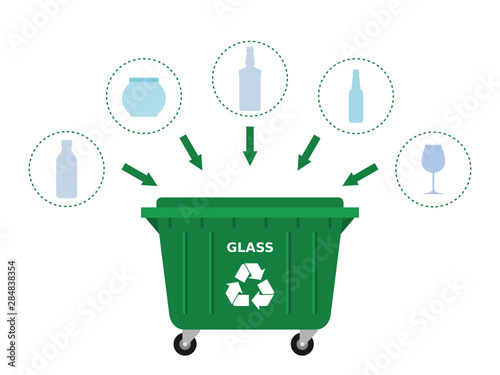 Green trash dumpster and glass waste suitable for recycling. Glass recycle, segregate waste, sorting garbage, eco friendly, concept.White background. Vector illustration, flat style, clip art.