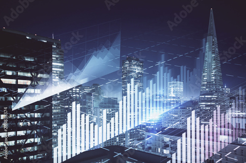 Financial graph on night city scape with tall buildings background multi exposure. Analysis concept.