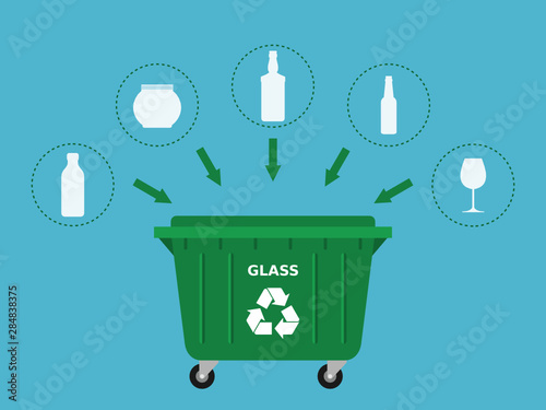 Green trash dumpster and glass waste suitable for recycling. Glass recycle, segregate waste, sorting garbage, eco friendly, concept.Blue background. Vector illustration, flat style.