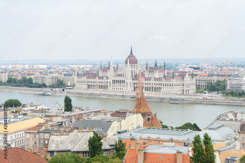 Parliament From Fisherman's Bastion In Budapest, Hungary. Danube River and city center