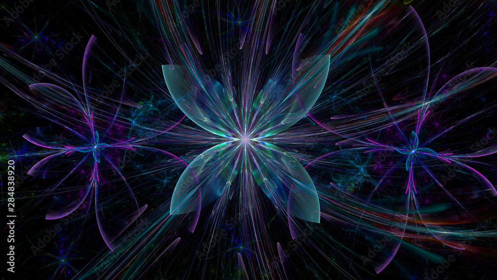 Abstract fractal background with a large star like space flowers intricate decorative stars, all in glowing blue,pink, violet Abstract fractal background with a large star like space flowers intricate decorative stars, all in glowing blue,pink, violet