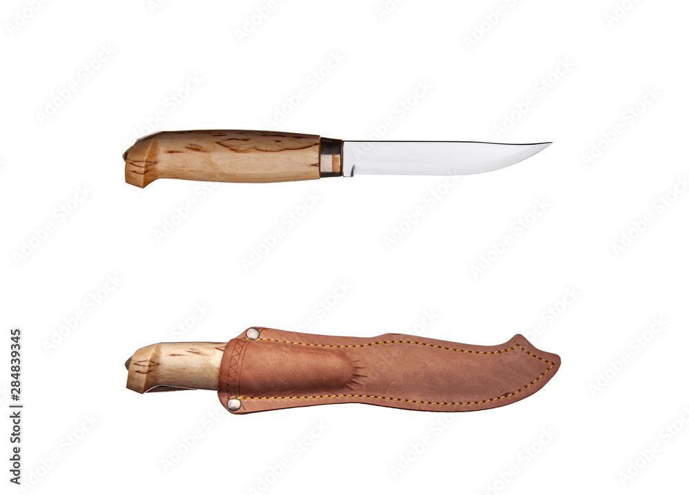 Hunting knife with wooden handle and leather case isolated on white Hunting knife with wooden handle and leather case isolated on white