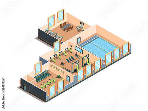 Fitness center. Gym club and pool interior rooms with equipment cardio exercise aerobic training spa salon isometric vector. Illustration fitness sport gym, swim pool and salon