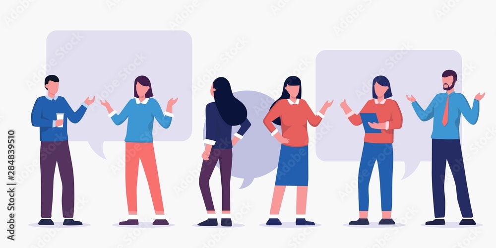 Vector illustration of communication of people in search of solutions to problems, use in web-projects and applications, collective thinking. business people group full length team