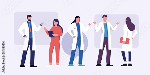 Male and feamle doctor talking. Healthcare services, Ask a doctor. Therapist in uniform with stethoscope. Gynecologist and urologist, medical full length team concept. Medical clinic staff.