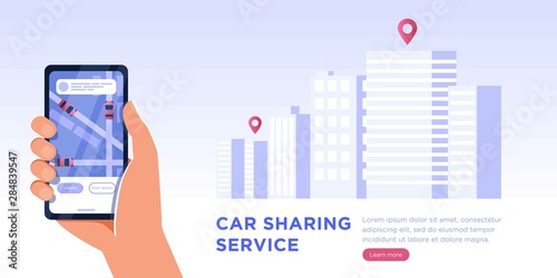 Cartoon Flat web banner car sharing and taxi Service. Urban Application. Male Hand Holding mobile Phone with gps City Map location. Vehicle Rental. Available car. Navigation Location Rental Car.