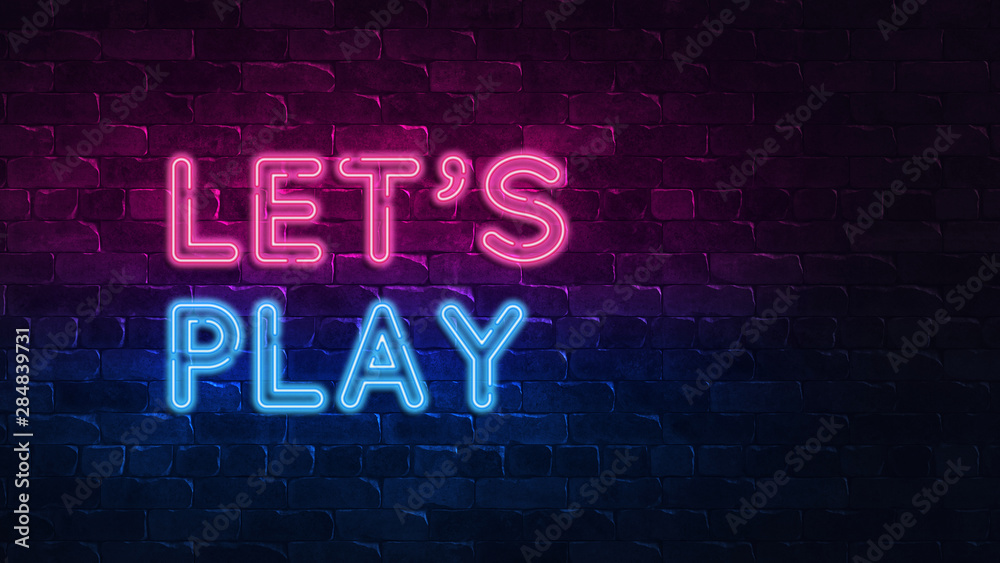Retro 3d render banner with blue neon signboard let's play on colorful background for game design. 3d neon sign. Colorful design. Streaming video game. Neon banner. Concept design. Game logo.