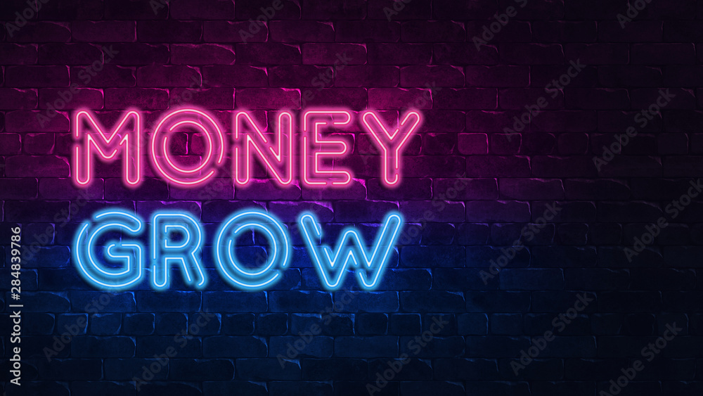 business template with neon sing money grow on Brick wall. Banking concept. Business idea concept. Isolated white background. Financial growth. Style sign neon. Bright billboard. 3d render