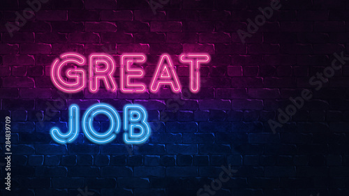 Neon signboard great job in 3d render on blue background. Night light billboard, design element. Night city. Travel art. Sign neon. Vintage design. Night cinema. Background decoration.