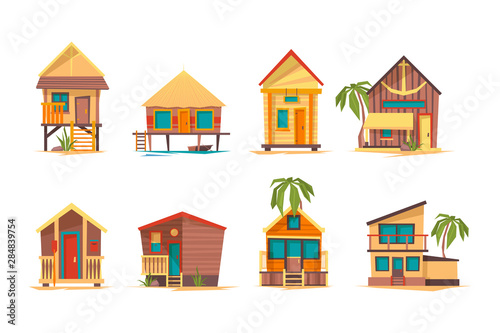 Tropical houses. Bungalow beach buildings island home for summer vacation vector flat pictures collection. Illustration of bungalow building for tourism, house on coast line, paradise home