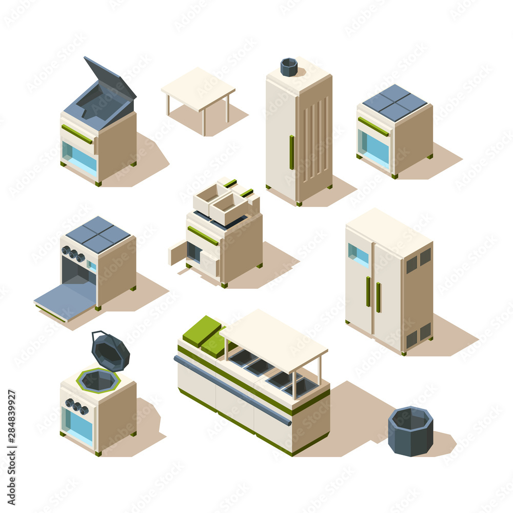 Industrial restaurant equipment. Kitchen tools for cooking steel stove refrigerator oven racking vector isometric. Equipment manufacture isometric, 3d oven stove, industrial kitchenware illustration