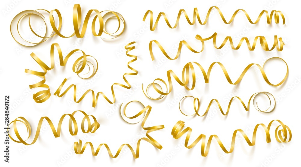 Set of realistic gold ribbons on white background. Vector illustration. Can be used for greeting card, holidays, banners, gifts and etc. Set of realistic gold ribbons on white background. Vector illustration. Can be used for greeting card, holidays, banners, gifts and etc.