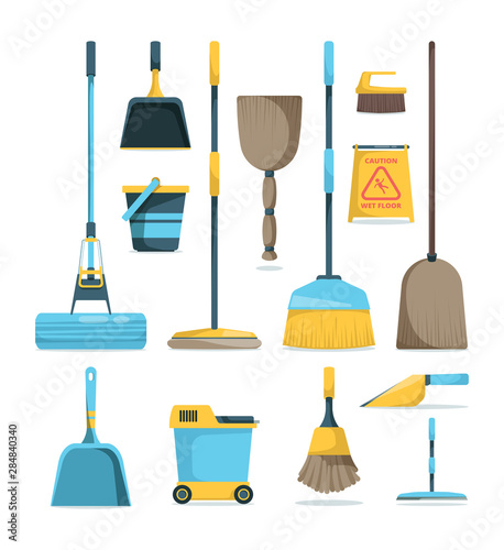 Broom and mops. Hygiene room housework supply household equipment for cleaning handle brooms vector cartoon pictures. Illustration broom and scoop, stick brush, housecleaning