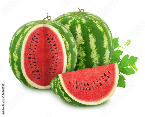 Composition with cutted ripe watermelons and leaves isolated on white background. As design elements.