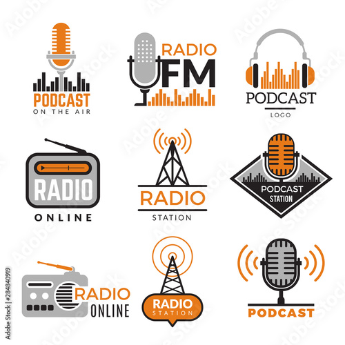 Radio logo. Podcast towers wireless badges radio station symbols vector collection. Illustration wireless radio station emblem photo