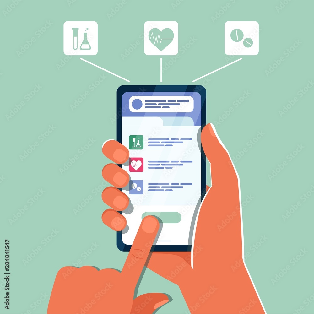 Mobile medicine, online ask doctor. Hand holding smartphone with medical app.  Cartoon flat concept for web banners, sites, infographics. Doctor's  appointment. The concept of online pharmacy Stock Vector | Adobe Stock