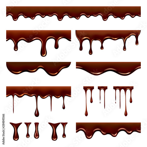 Chocolate dripped. Sweet flowing liquid food with splashes and drops caramel cacao vector realistic pictures. Brown liquid dessert, sweet drip melt