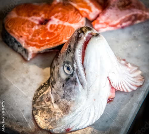 fresh fishon  display in fish market photo