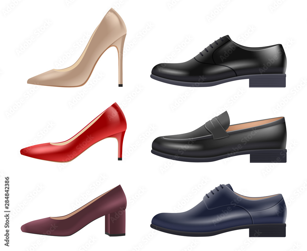 Shoes realistic. Lady evening elegant luxury shoes different style and colors for storefront vector collection. Illustration of footwear male and beauty female - obrazy, fototapety, plakaty 