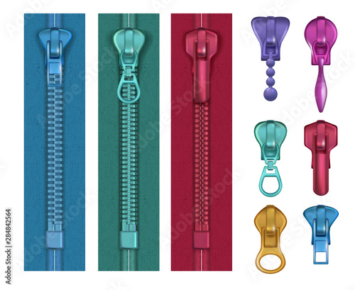 Colored zipper. Fashioned locks and buckles handback bungee puller vector realistic pictures. Illustration of lock zipper, fashion metal buckle