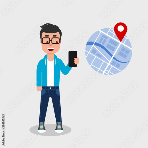 Young man holding phone using navigation. Searching point on the map with location marker. GPS, geo tag, navigational app, electronic map, concept. Vector illustration, flat style, clip art.