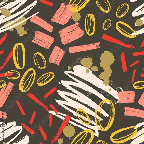 Abstract seamless pattern with colorful paint traces and brush strokes on dar...
