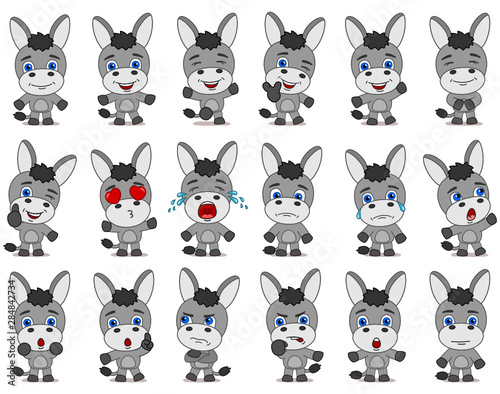Big set of funny donkey in cartoon style in different standing poses and emotions isolated on white background