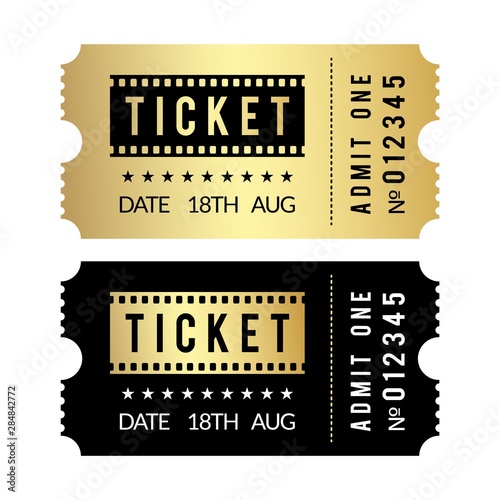 Golden ticket set. Cinema, theater, party, museum, event, concert gold and black vector tickets template. Film cinema coupon paper, admit entrance illustration