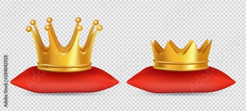 Realistic gold crowns. Vector king and queen crowns on red pillow isolated on transparent background. Illustration of gold crown 3d, kingdom royal, emperor coronation
