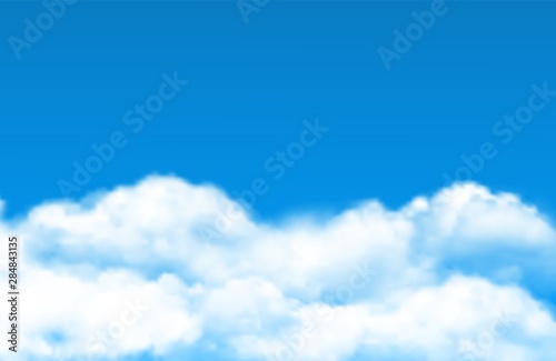 Cloud sky background. Vector realistic white clouds on blue sky. Illustration meteorology cumulus cloudy, outdoor environment