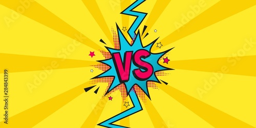 Versus comic banner. Vs comics book on halftone background vector template. Comic magazine cartoon poster, vs frame. Versus lightning ray border, comic fighting duel and fight confrontation sticker