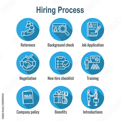 Hiring Process icon set with Benefits, background check, introductions, etc