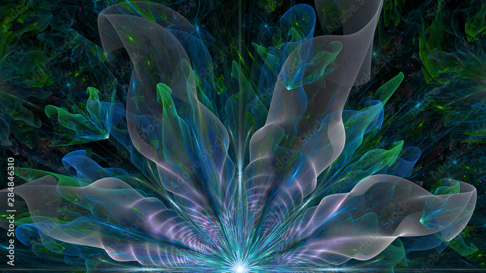 Naklejka premium Abstract fractal background with large star like space flower with intricate decorative geometric pattern and intricate petals, all in glowing blue,pink,green