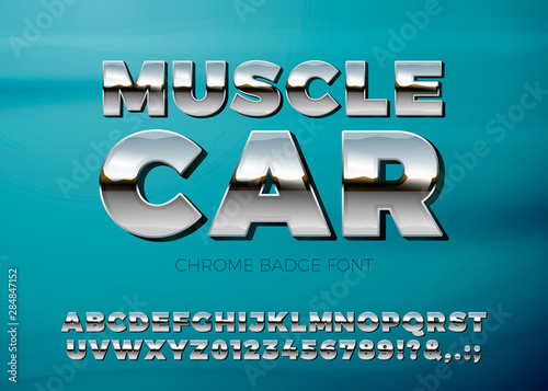 Vector realistic chrome car font, on a bright blue car background.