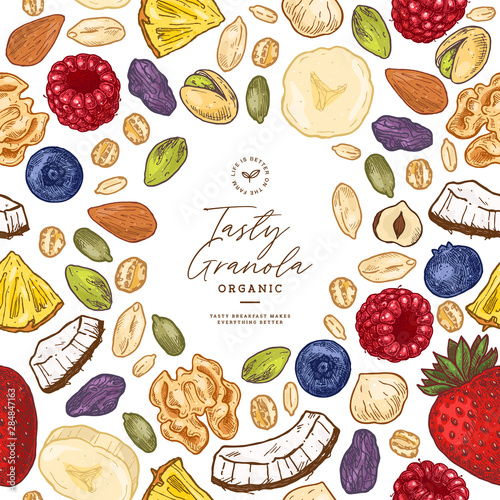 Granola frame template. Engraved style illustration. Various berries, fruits and nuts. Vector illustration